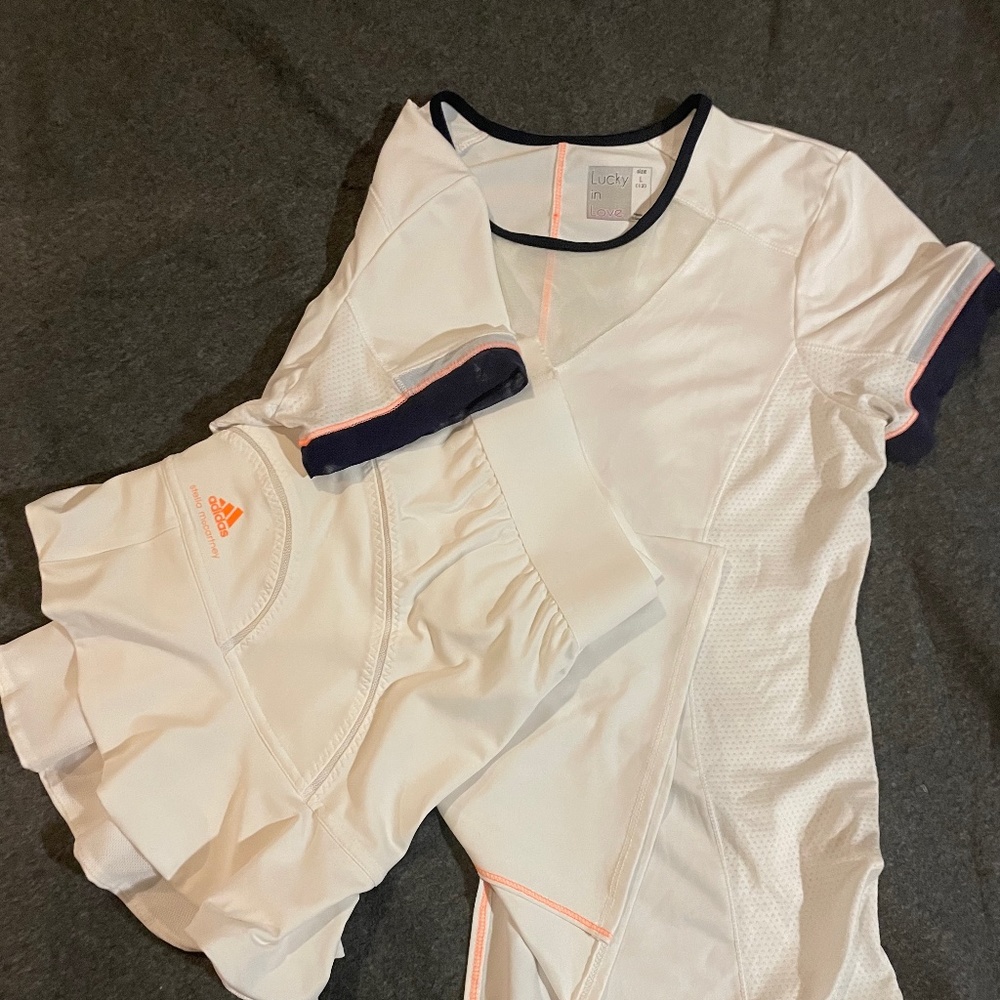 Stella McCartney/addidas skirt and lucky in love shirt